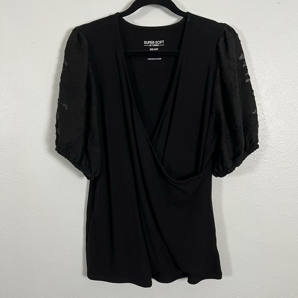Torrid Super Soft Rib Knit Black Puff Sleeve Wrap Top Size 2